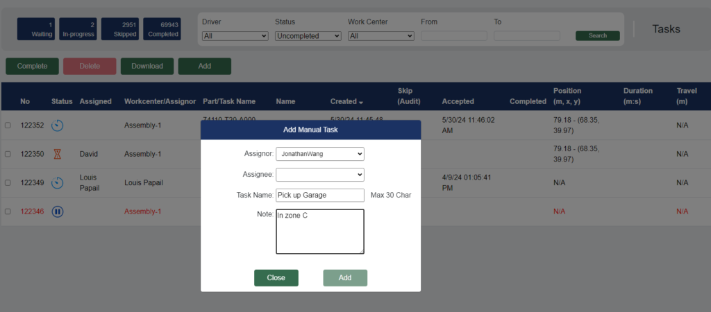 Advanced forklift tracking manual task assignment example